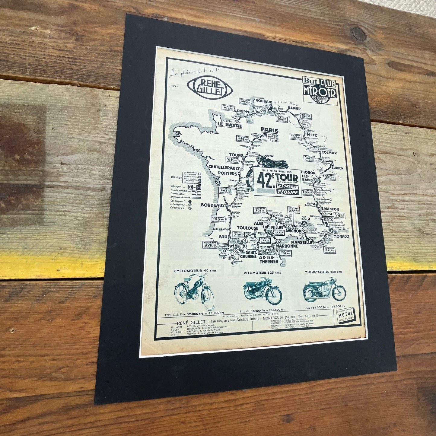 Vintage Tour de France Route Map, Original 1955 Rene Gillet motorcycles