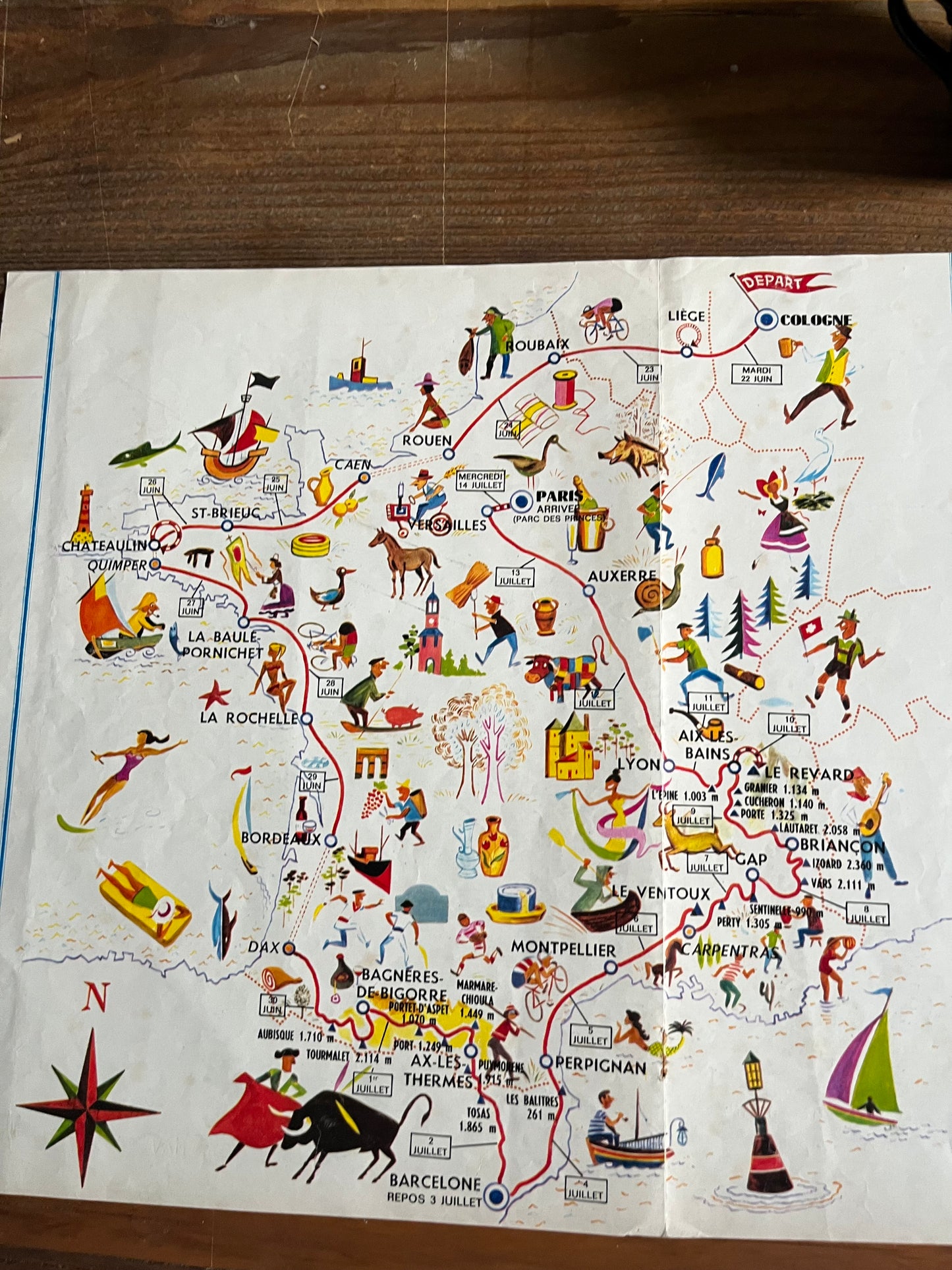 Vintage Original Tour de France Route Map, 1965, Louison Bobet
