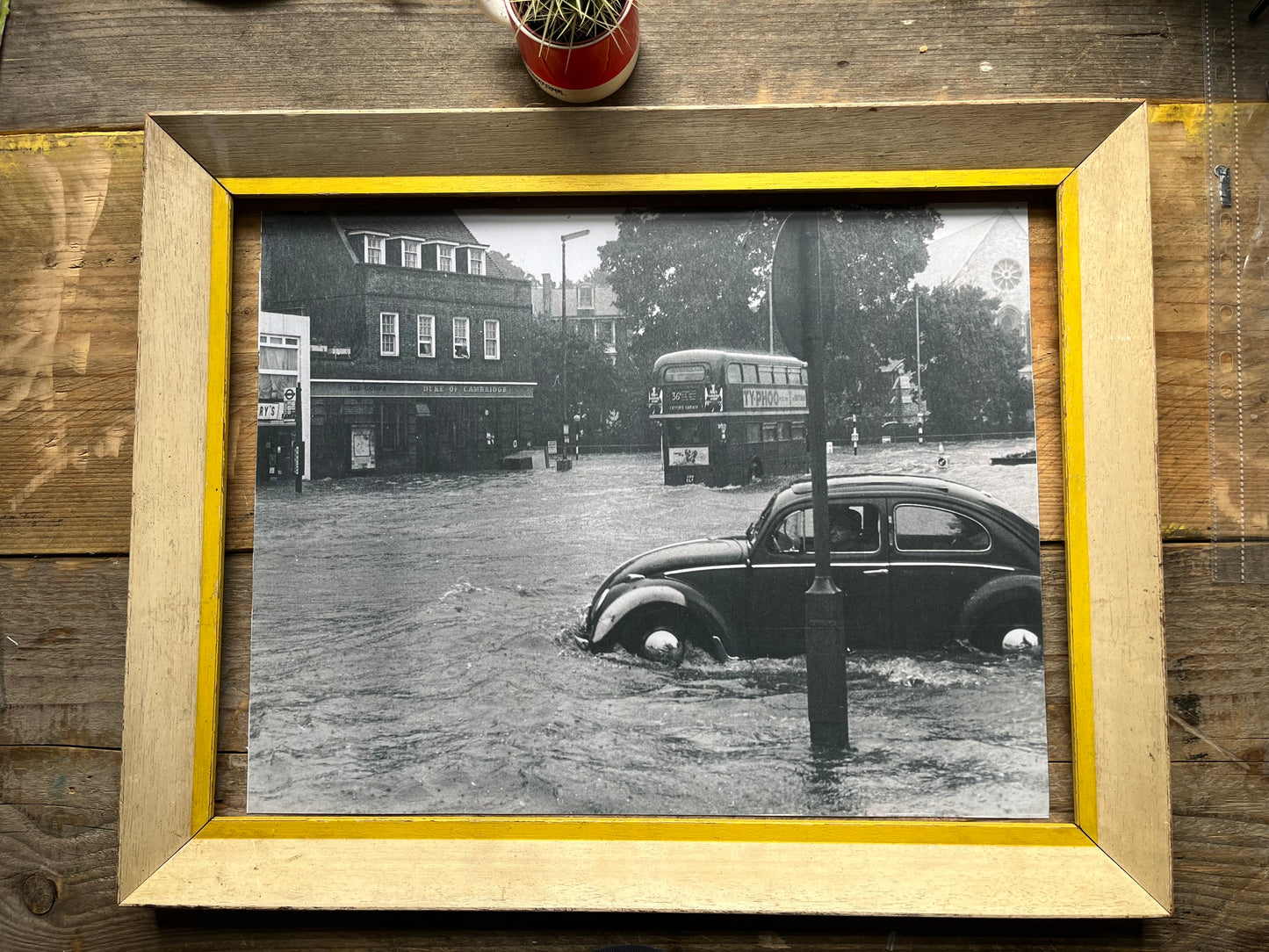 Vintage 1950s VW Beetle in London flood poster