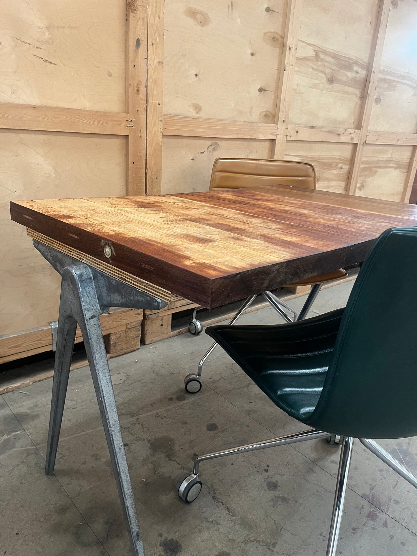 1950s James Leonard compass leg Desk with reclaimed oak top