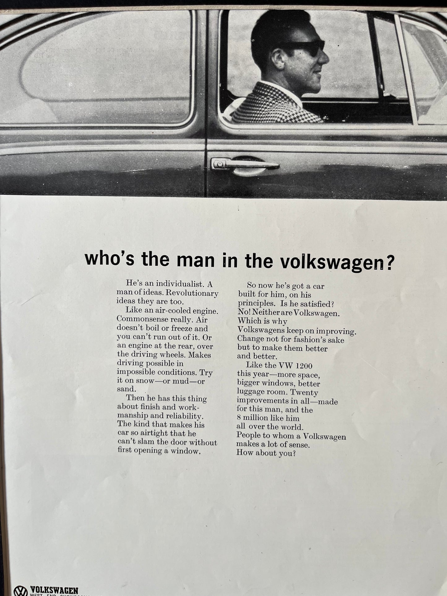 Vintage VW Volkswagen advertising print “Who’s the man in the Volkswagen?”- 1960s
