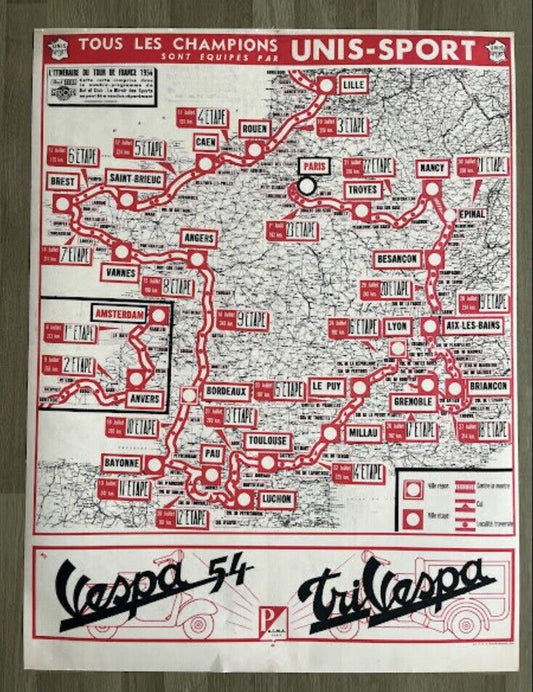 1954 Vintage Tour De France Vespa Stage map