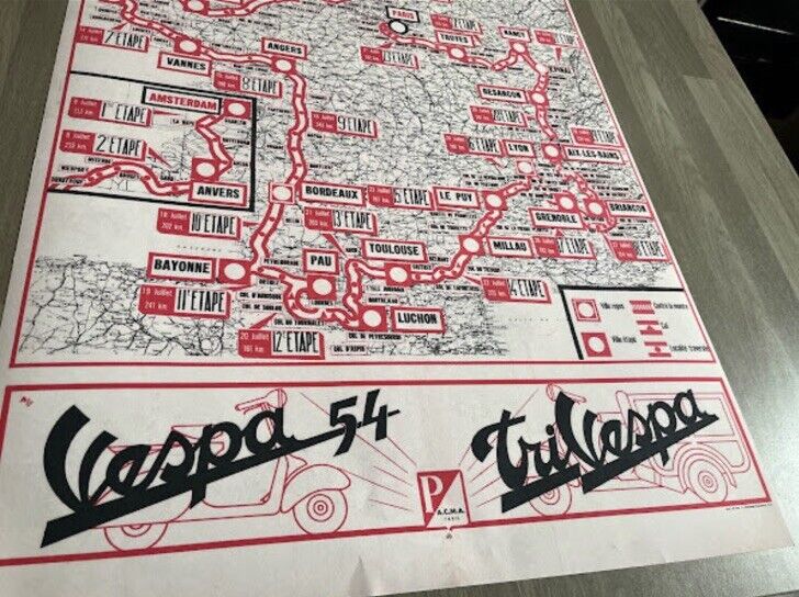 1954 Vintage Tour De France Vespa Stage map