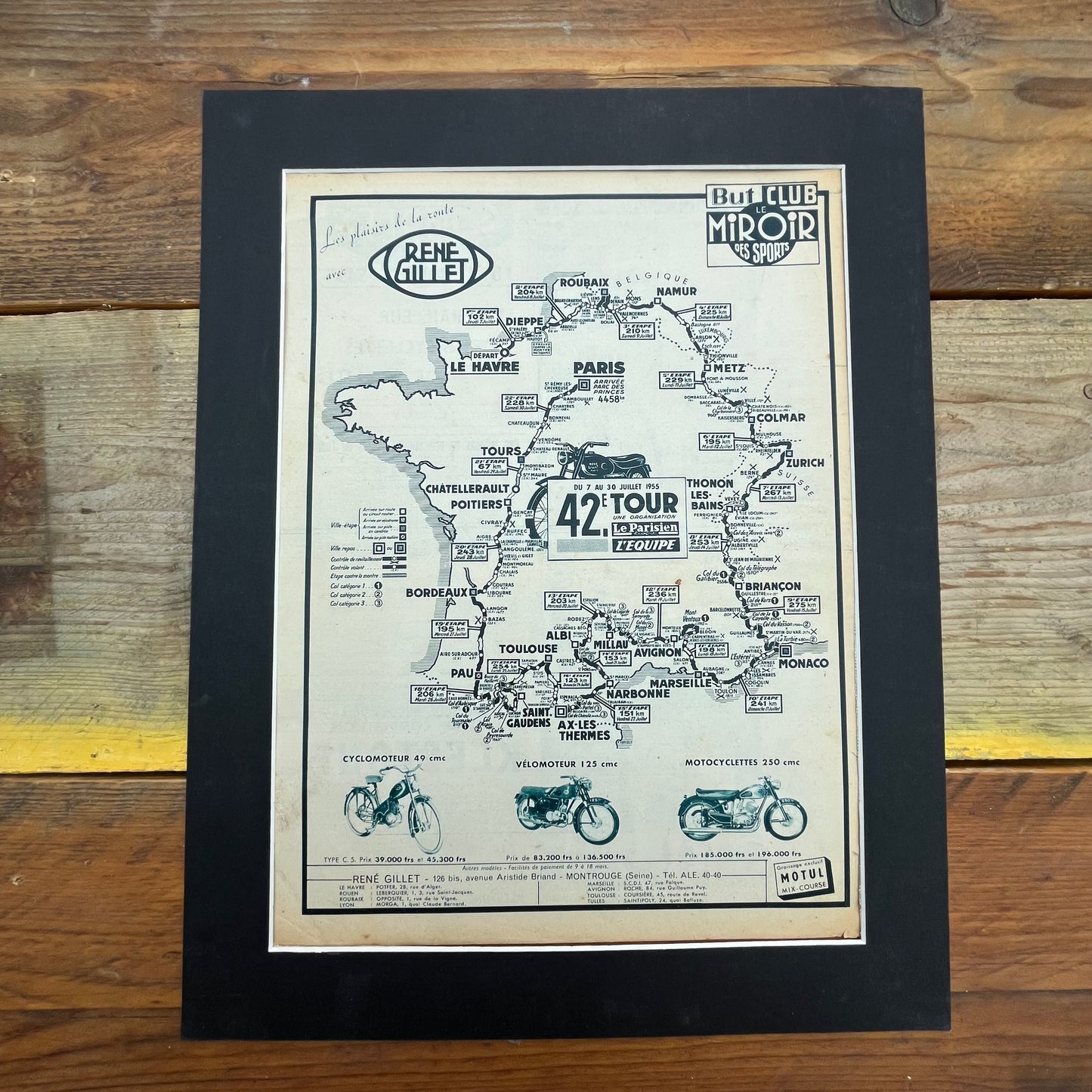 Vintage Tour de France Route Map, Original 1955 Rene Gillet motorcycles