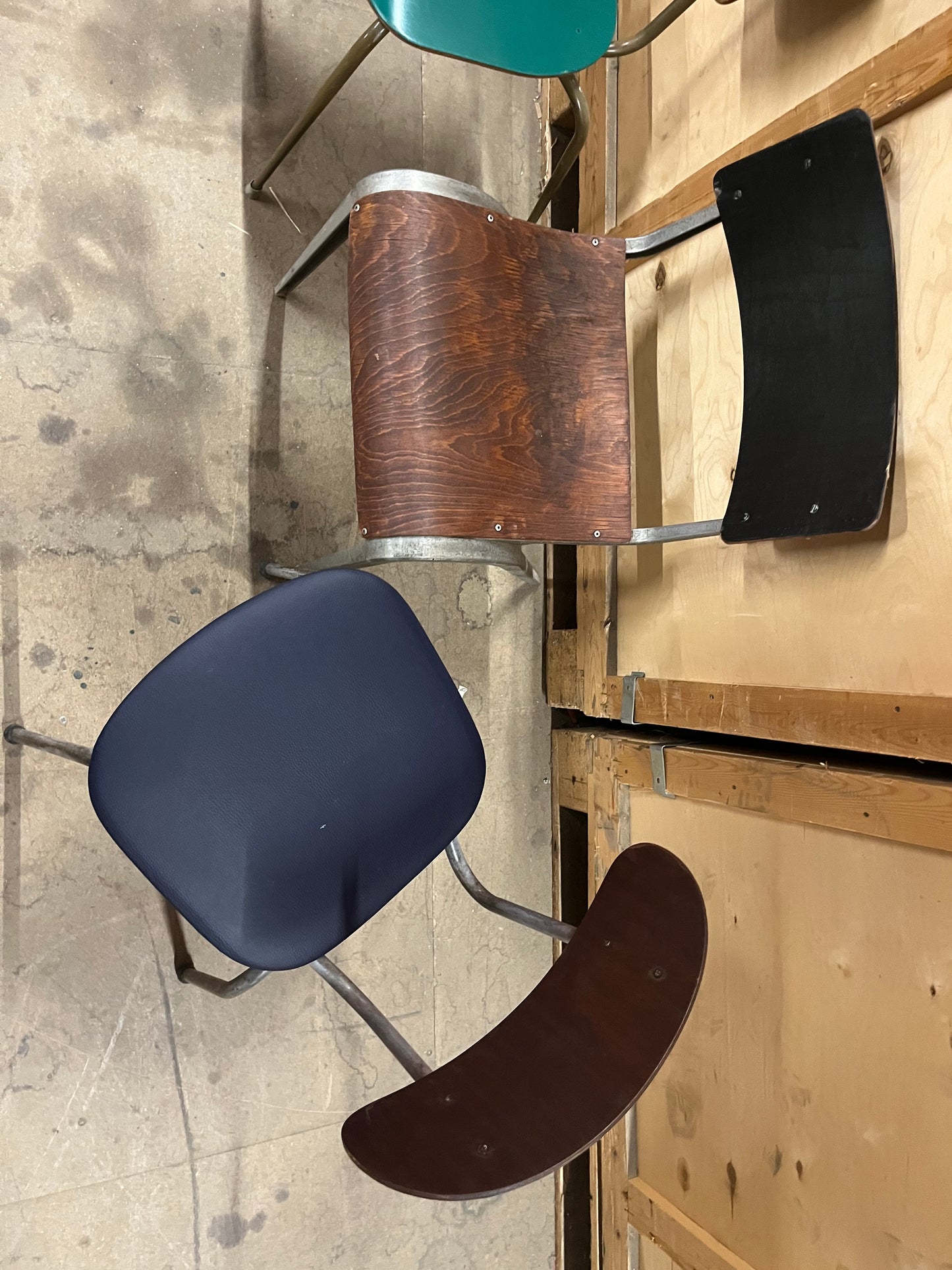 Mismatched set of midcentury stacking chairs OMK / Esavian /Danish