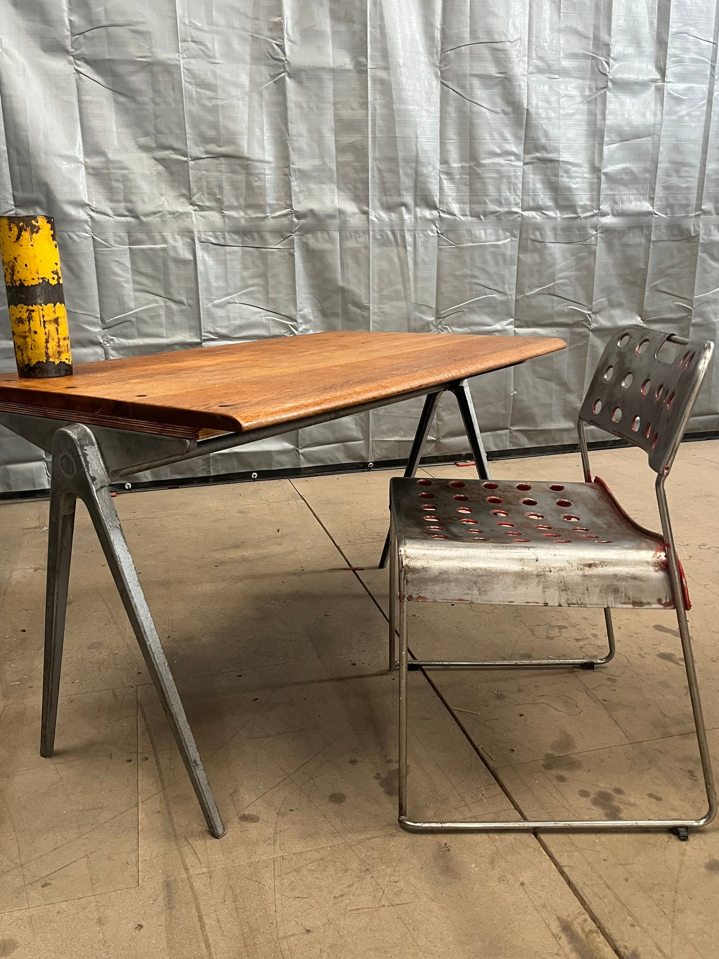 1950s James Leonard compass leg Desk with reclaimed elm top