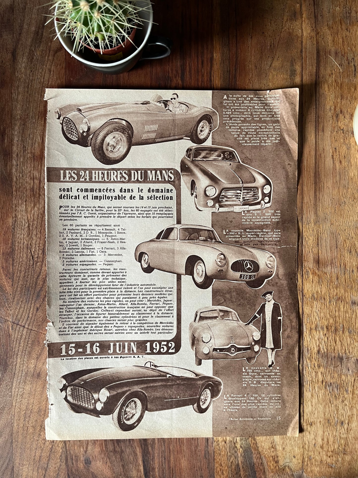 Vintage 1952 Le Mans magazine print Mercedes, Pegaso racing cars