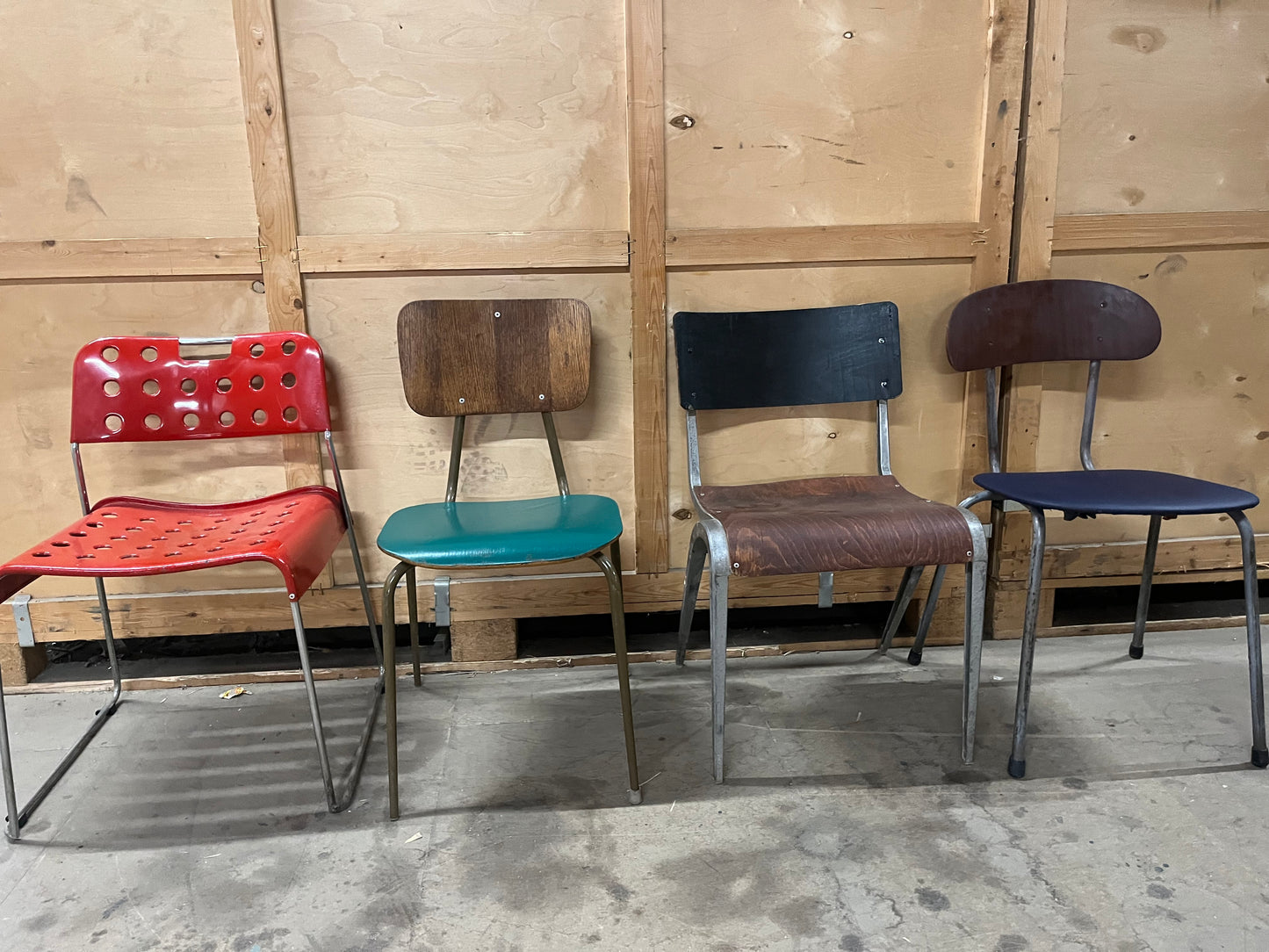 Mismatched set of midcentury stacking chairs OMK / Esavian /Danish