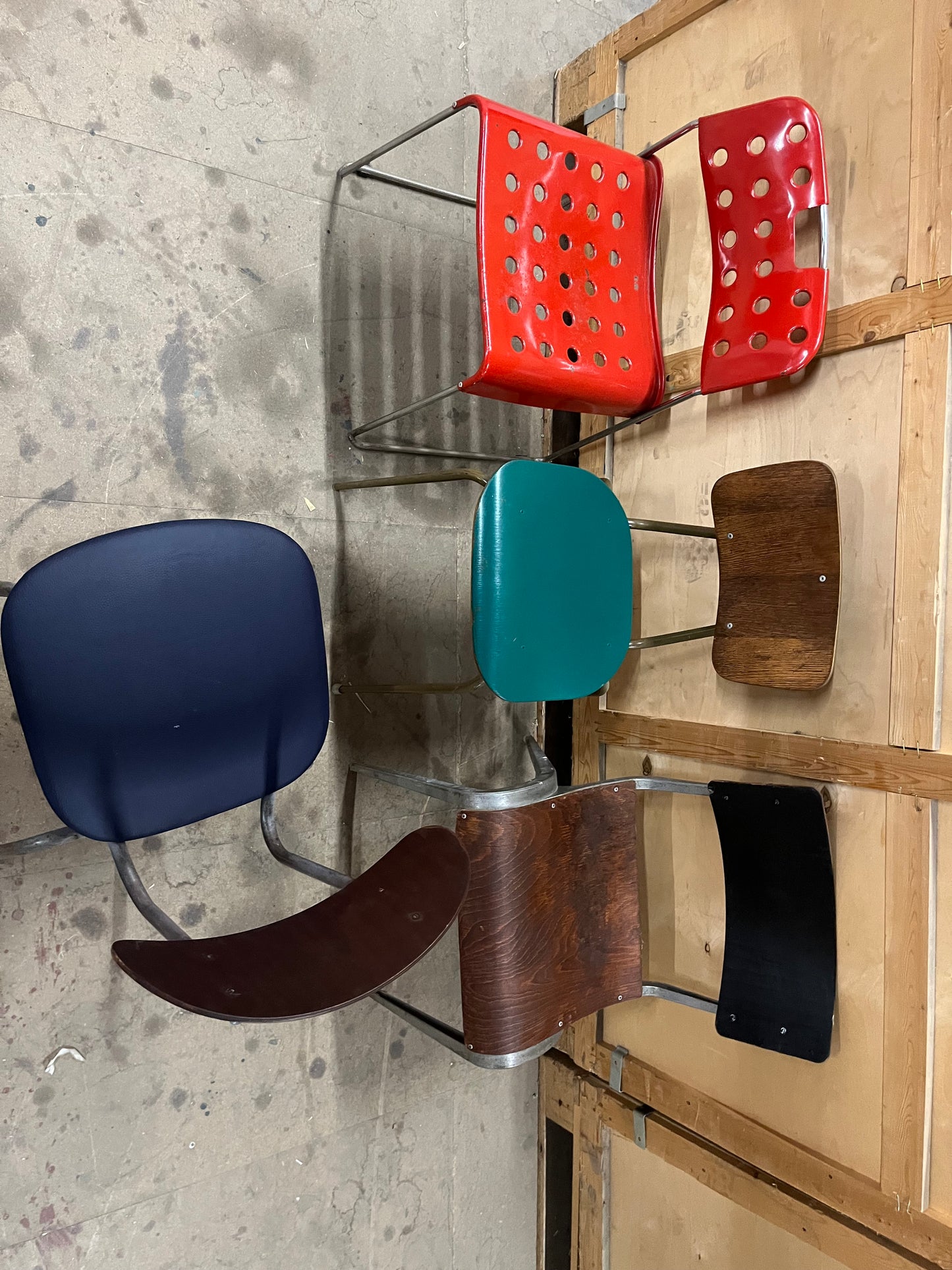 Mismatched set of midcentury stacking chairs OMK / Esavian /Danish