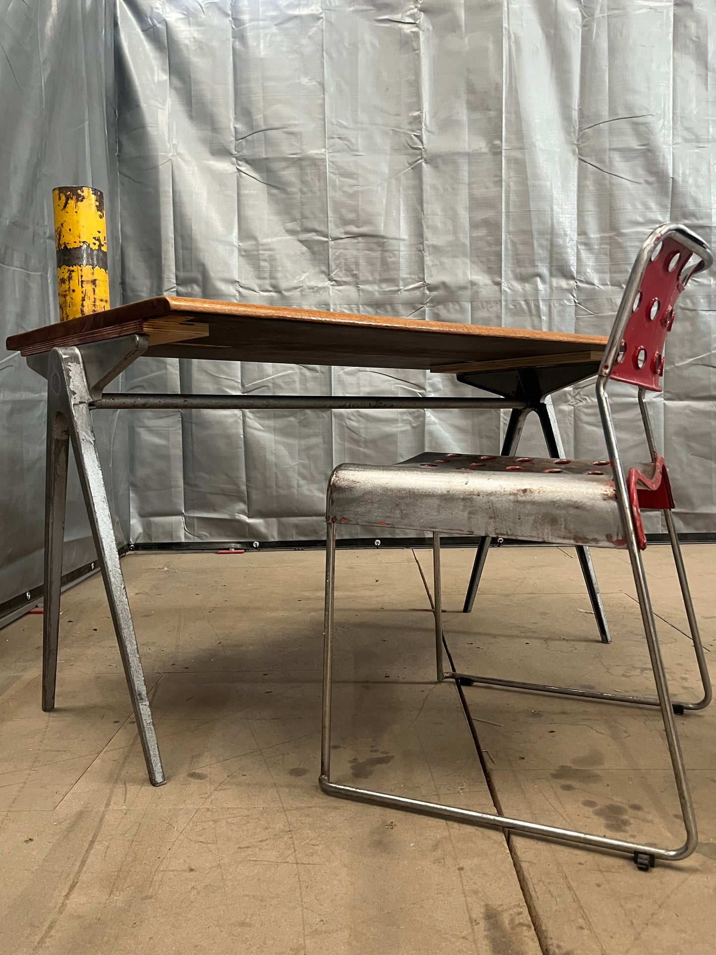 1950s James Leonard compass leg Desk with reclaimed elm top