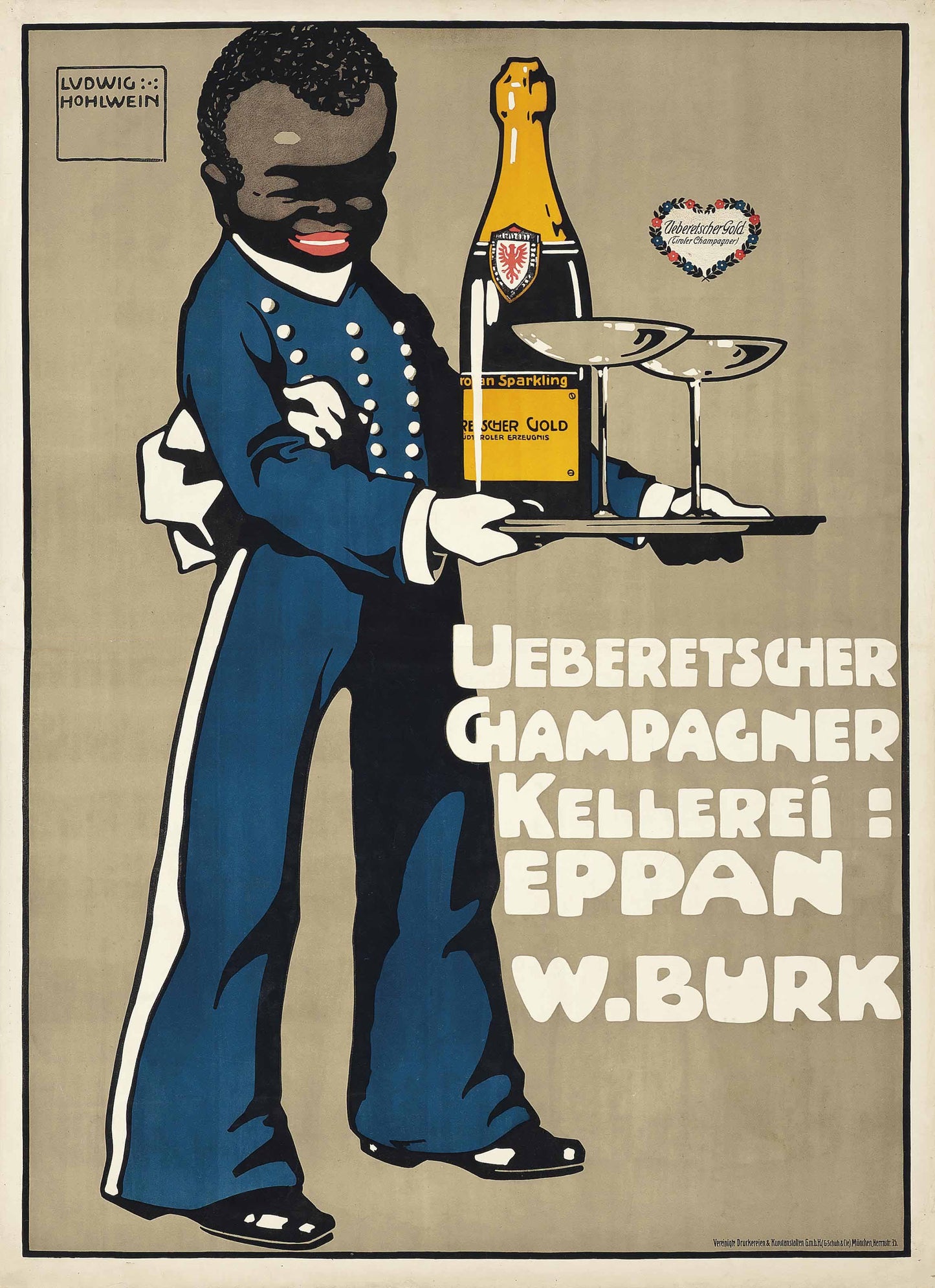 Vintage Advertising Poster - Ueberetscher Kellerai Champagne, c1920
