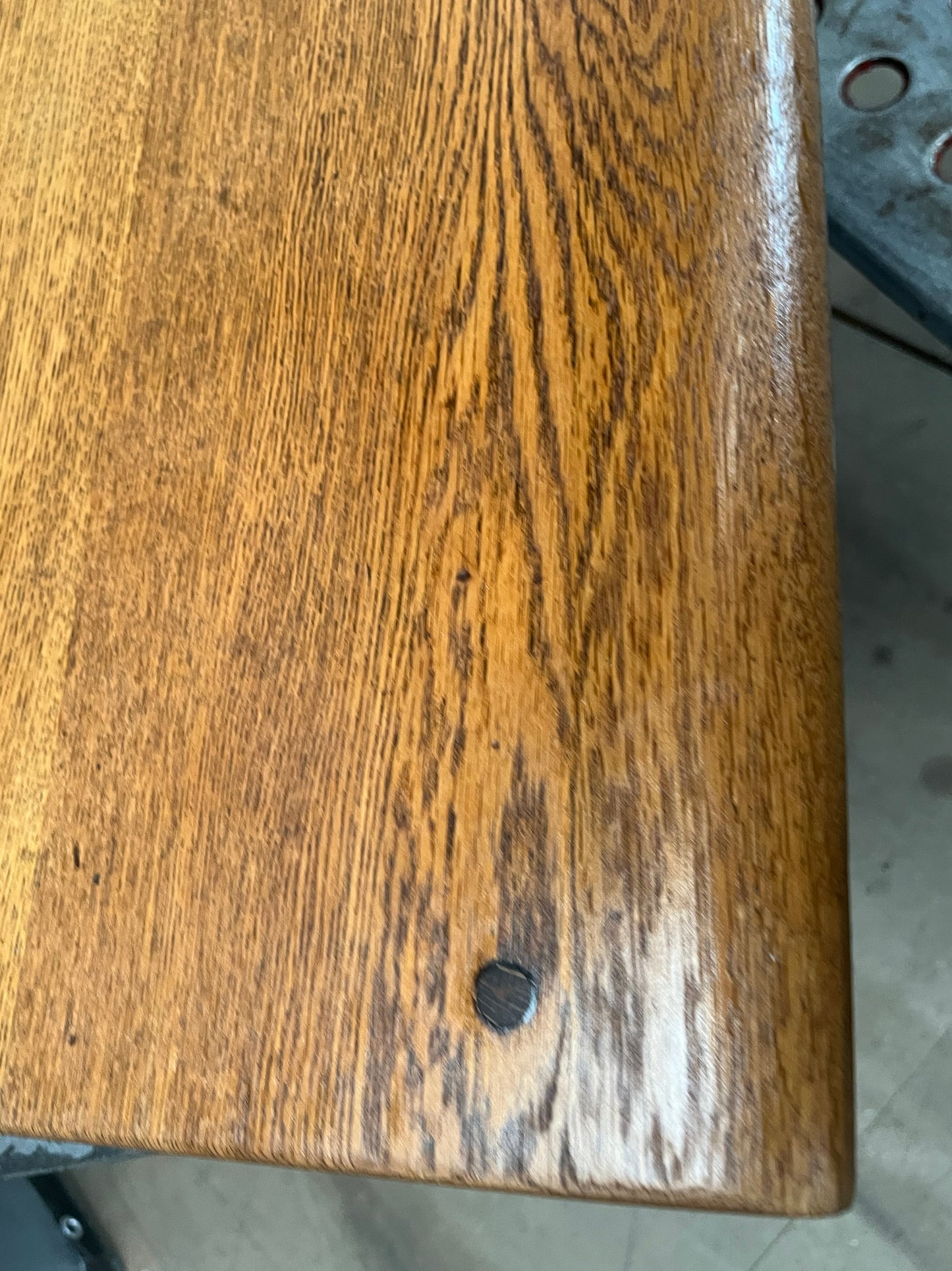 1950s James Leonard compass leg Desk with reclaimed elm top