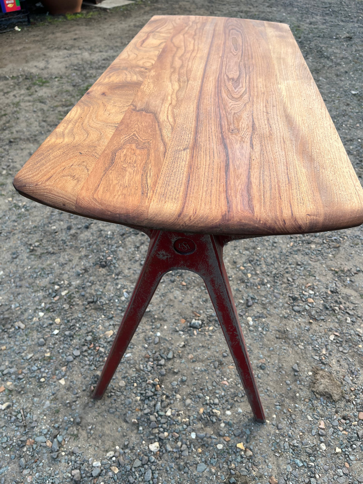1950s James Leonard ESA side Table with reclaimed elm top