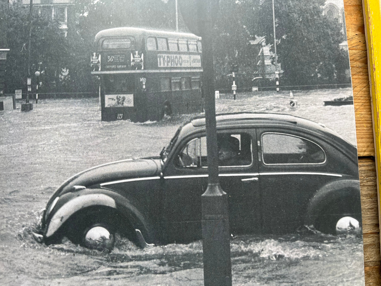 Vintage 1950s VW Beetle in London flood poster