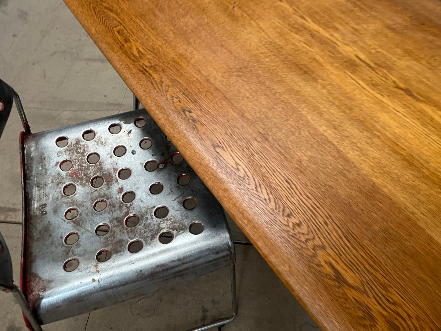 1950s James Leonard compass leg Desk with reclaimed elm top
