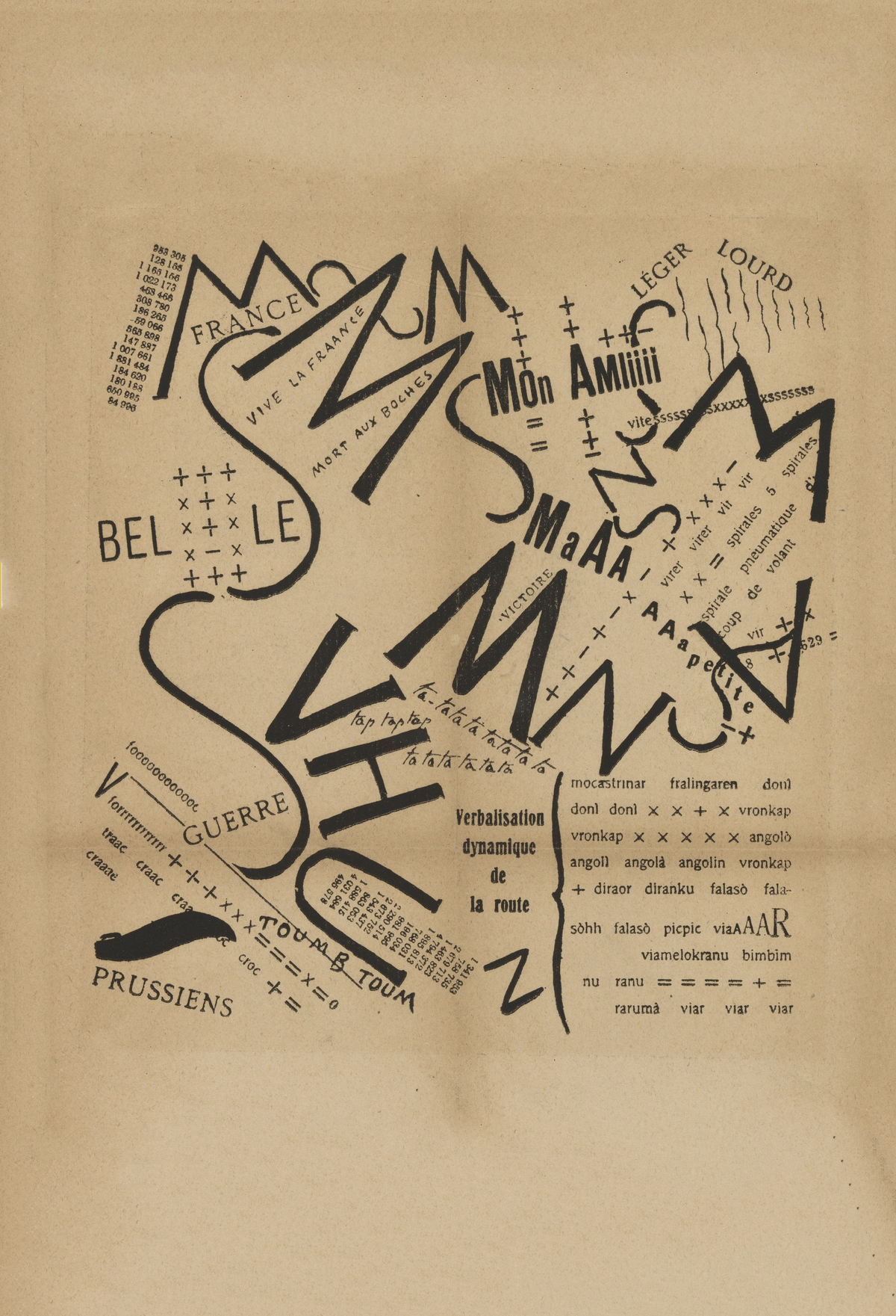 Letters, words and symbols collide across a cream ground in an experimental black typographic composition.