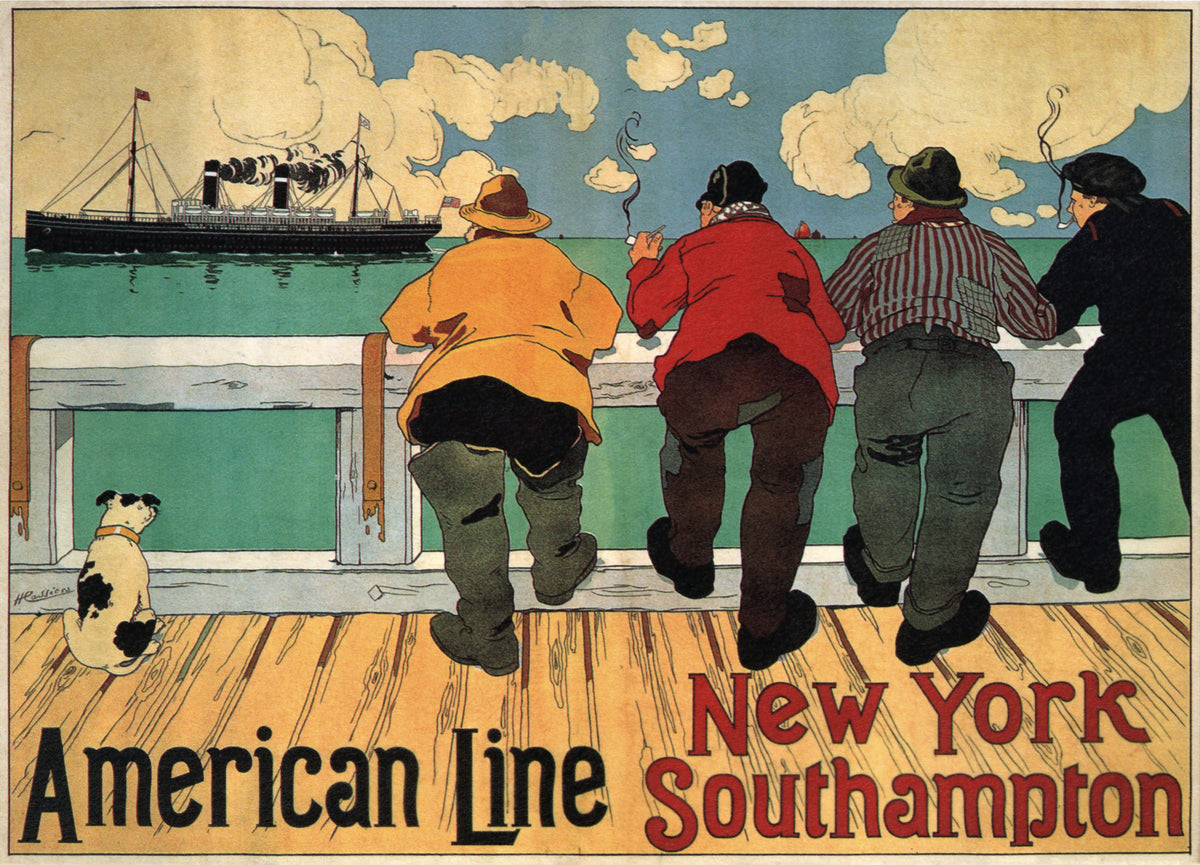 Four men and a small dog watch an ocean liner from a wooden deck above New York and Southampton lettering.