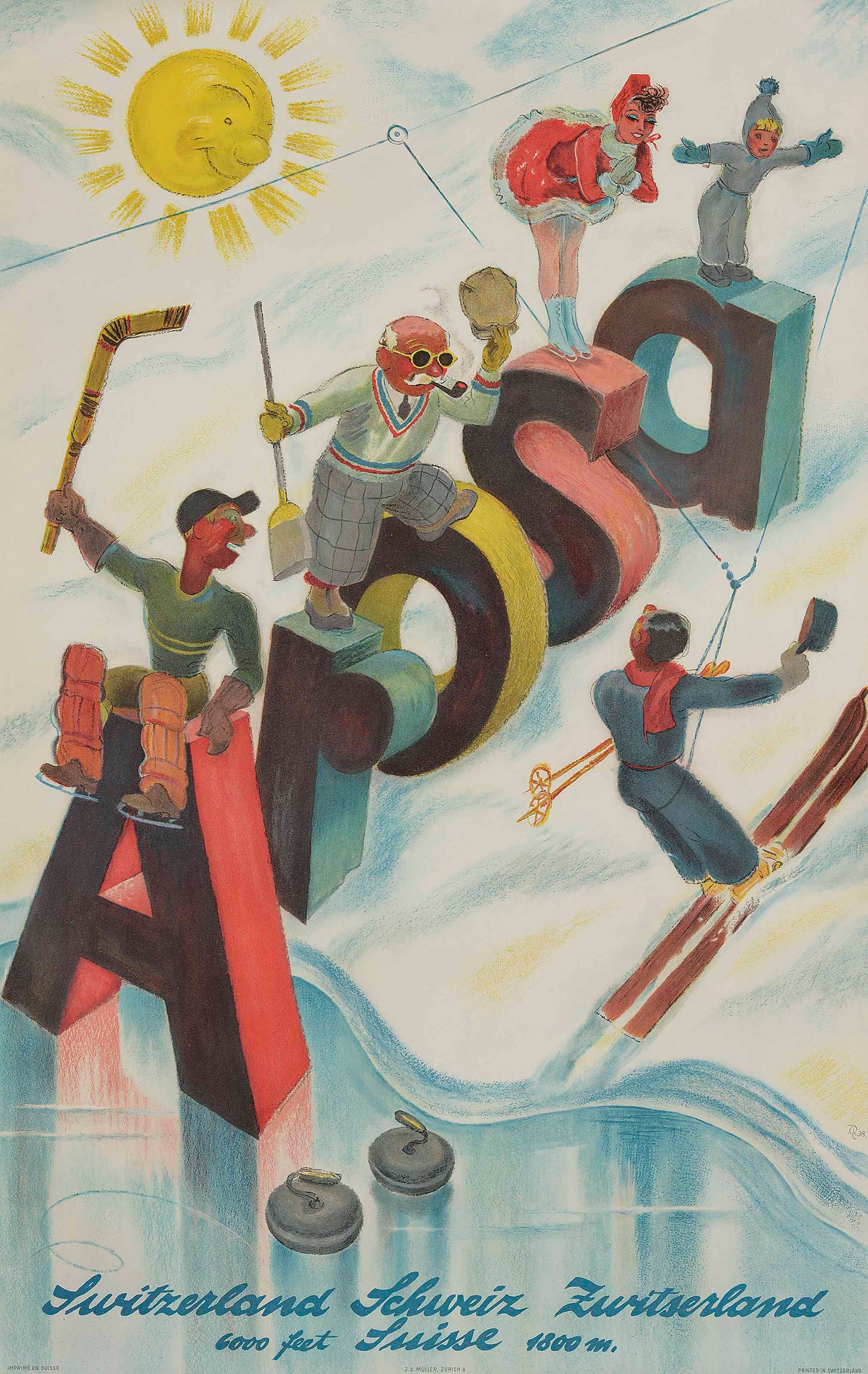 Vintage Ski poster Arosa Switzerland c1938 Hugo Laubi