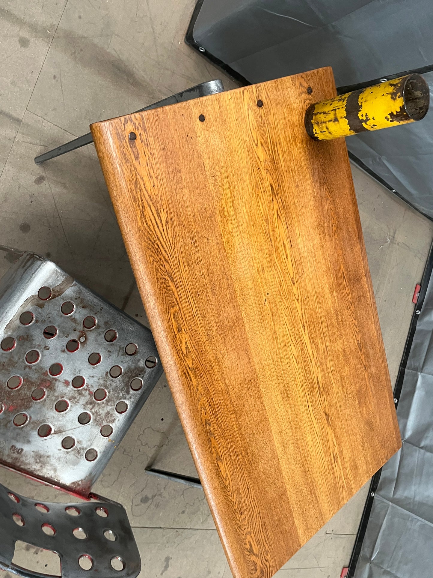 1950s James Leonard compass leg Desk with reclaimed elm top