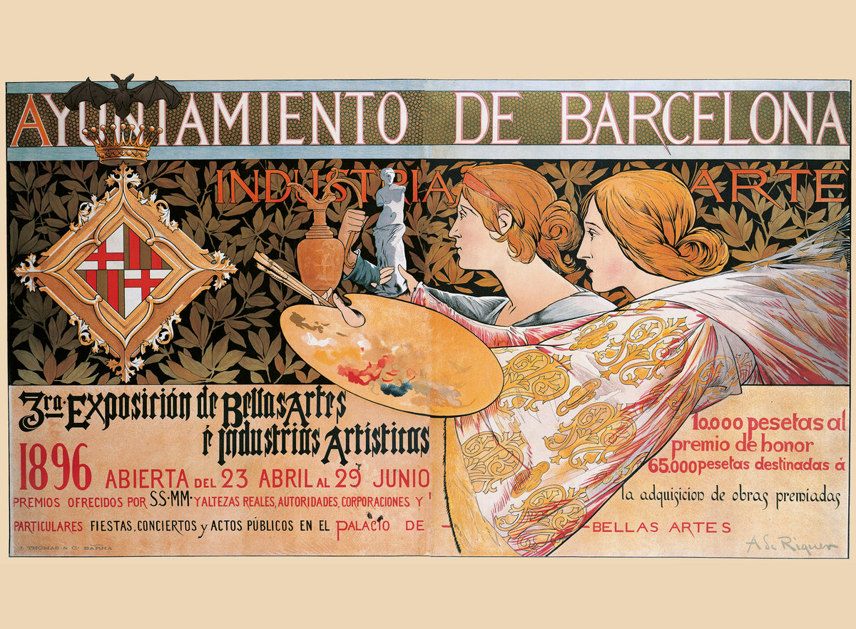 Two decorative female figures, an artist's palette and Barcelona's crest appear against an intricate leafy background in this exhibition design.