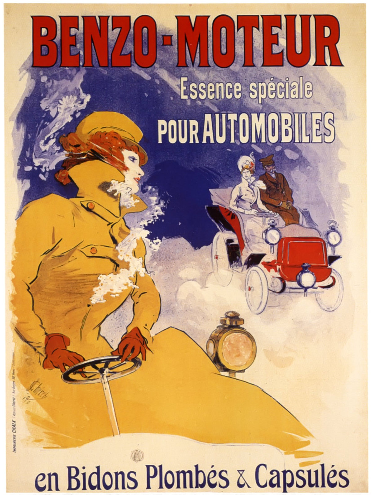 A woman in a golden motoring coat sits at the wheel as an early red car approaches beneath bold red Benzo-Moteur lettering.