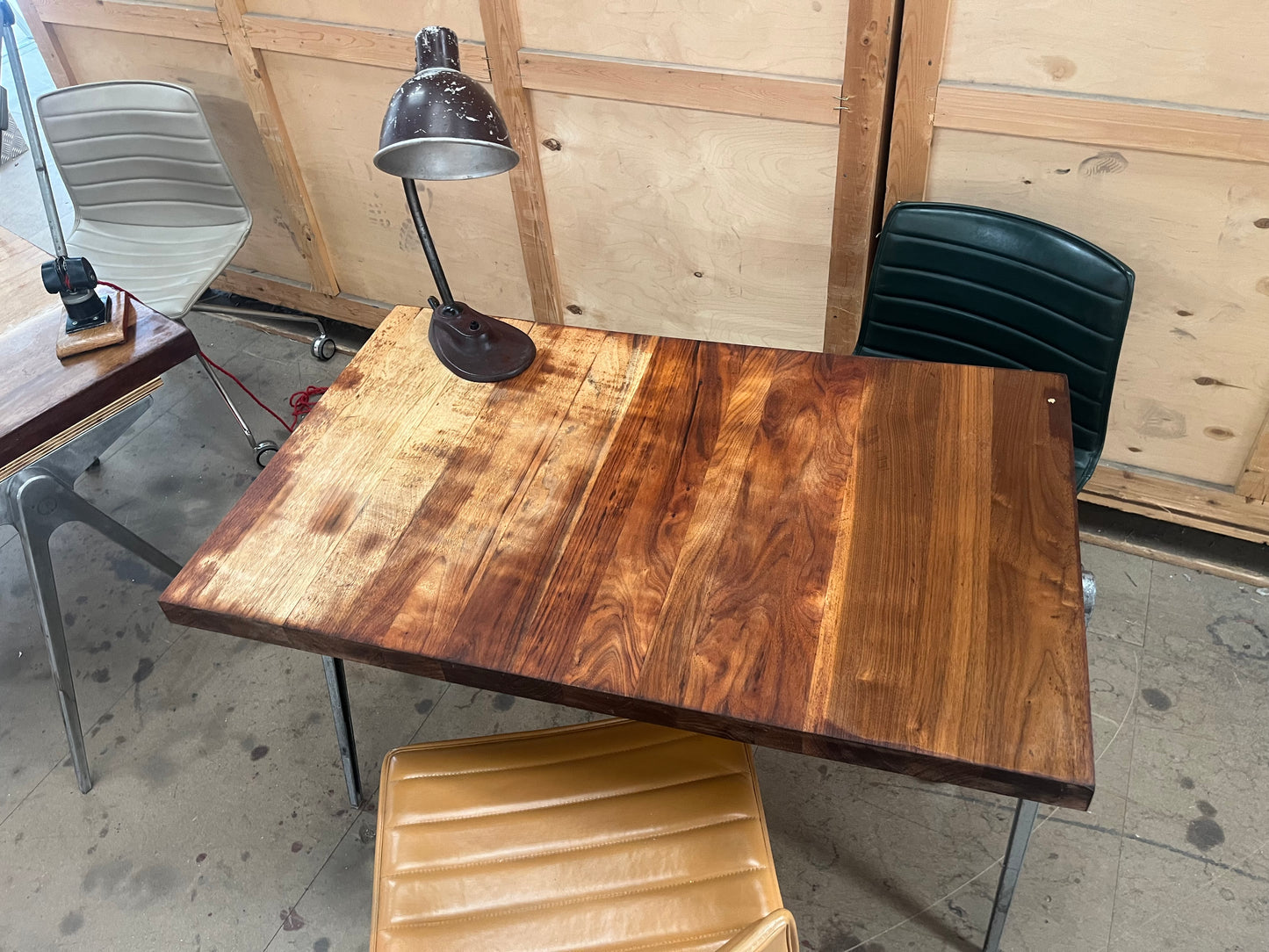 1950s James Leonard compass leg Desk with reclaimed oak top