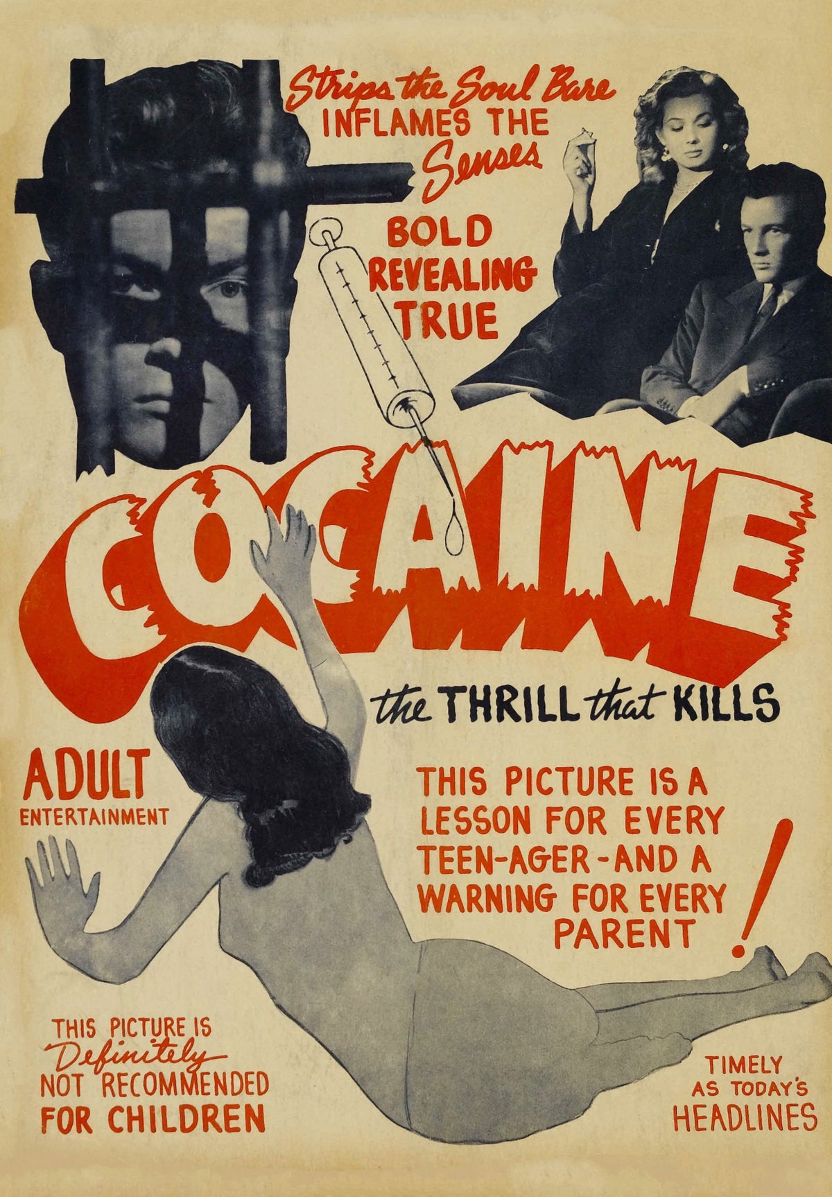 Large red Cocaine lettering dominates a cream film poster featuring dramatic portraits, a syringe illustration and a reclining figure.