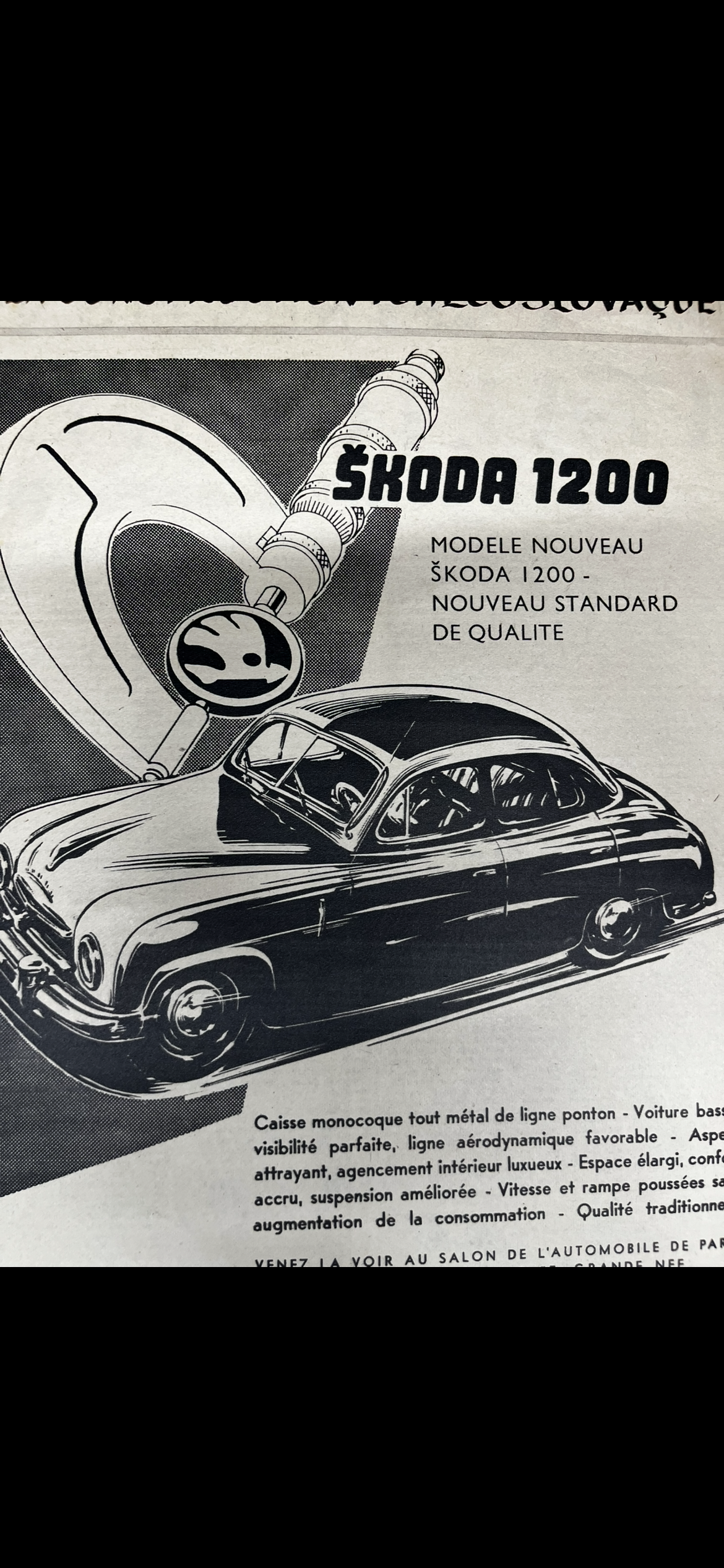 Vintage Skoda 1200 advertisement- French c1955