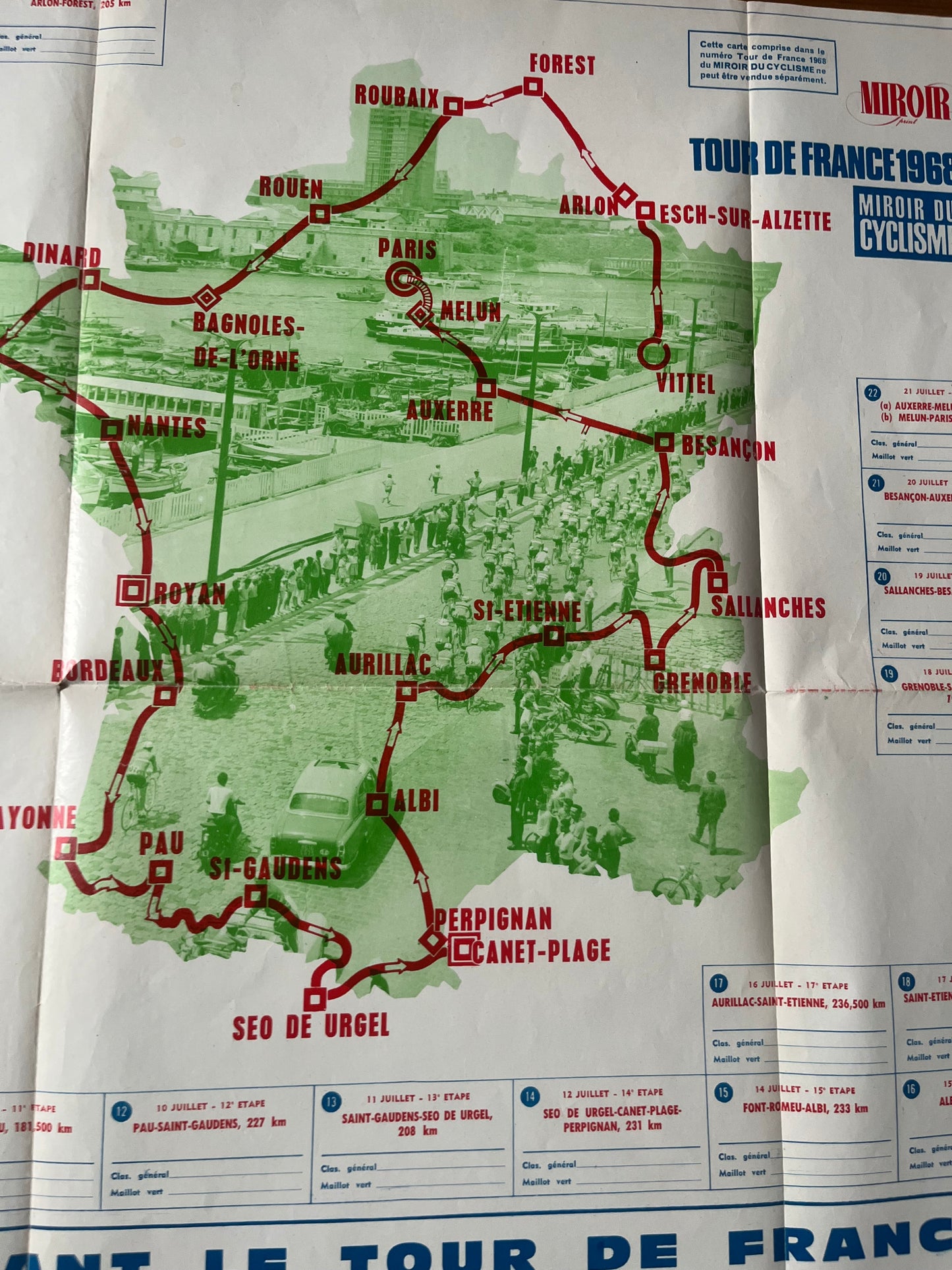 Vintage Cycling Print - Tour de France Route Map, 1968