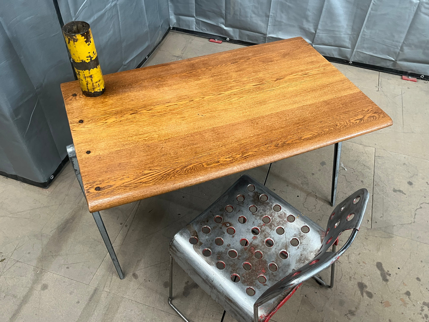 1950s James Leonard compass leg Desk with reclaimed elm top