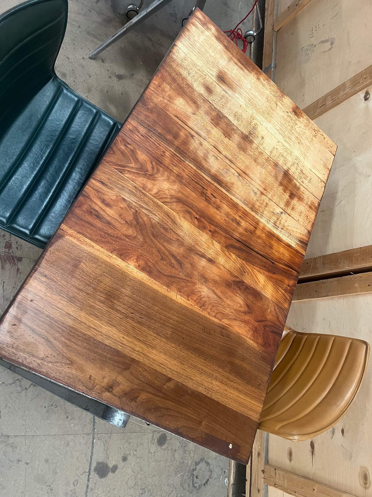 1950s James Leonard compass leg Desk with reclaimed oak top