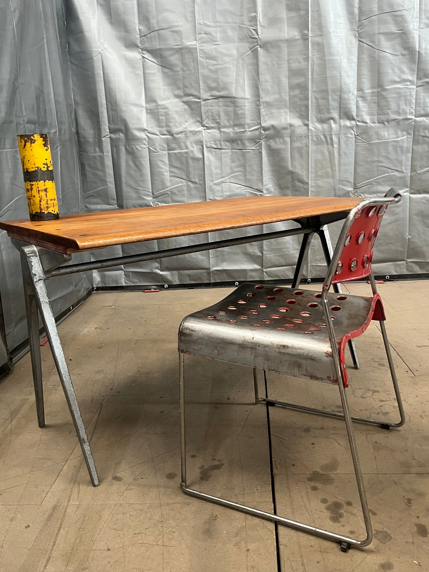 1950s James Leonard compass leg Desk with reclaimed elm top