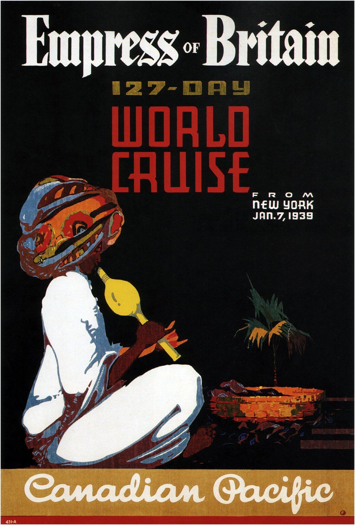 A seated musician and small palm tree accompany red and white lettering advertising a 127-day world cruise departing January 1939.