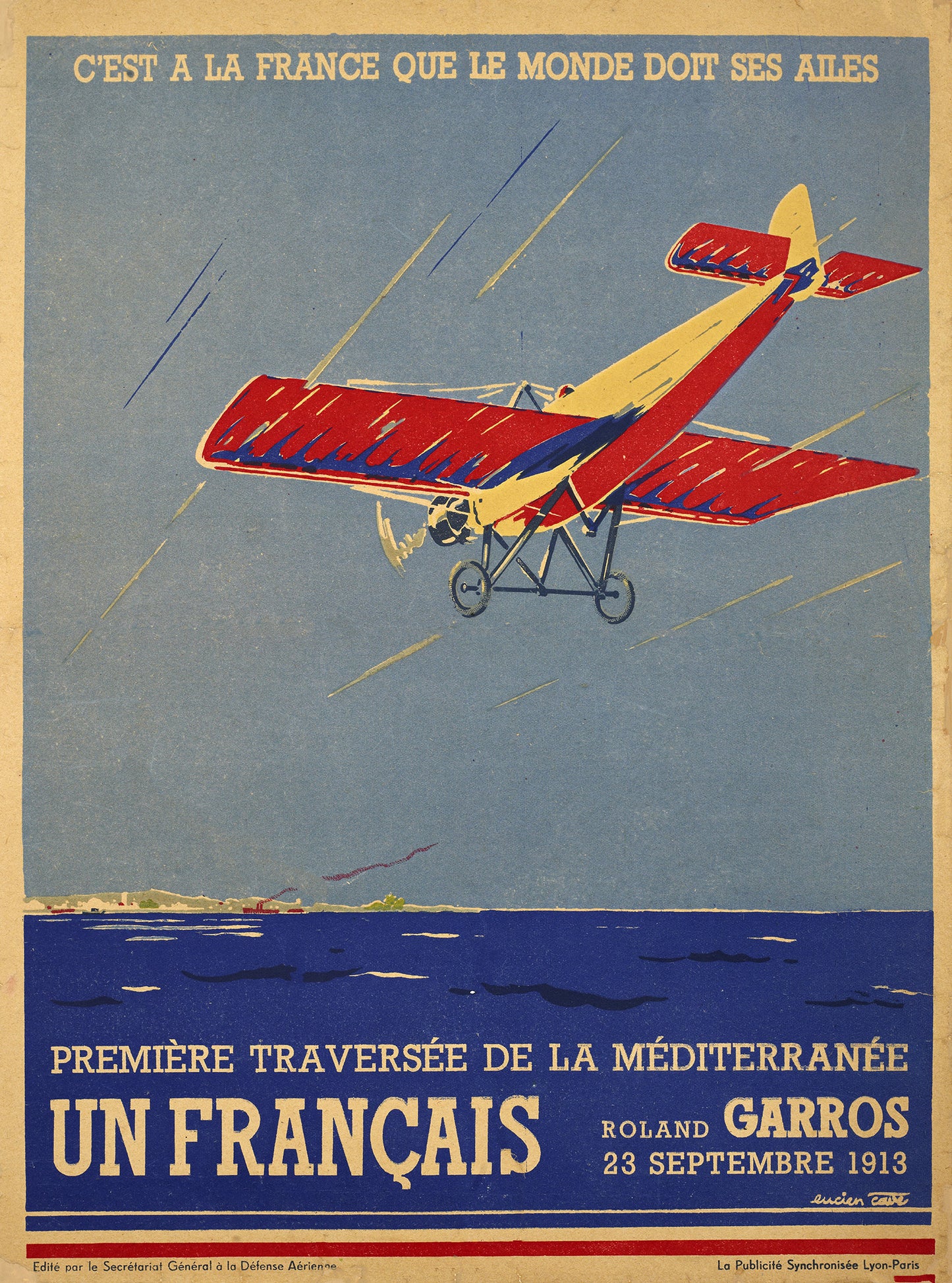 Vintage Airline advertisement "First Mediterranean crossing" c1913 Roland Garros