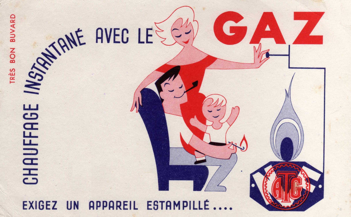 A stylised family gathers beside a gas heater in a playful red, blue and cream illustration with bold French lettering.