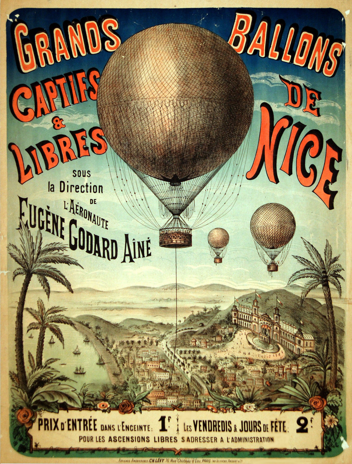 Three netted balloons rise above a detailed view of Nice framed by palm trees and decorative red lettering.