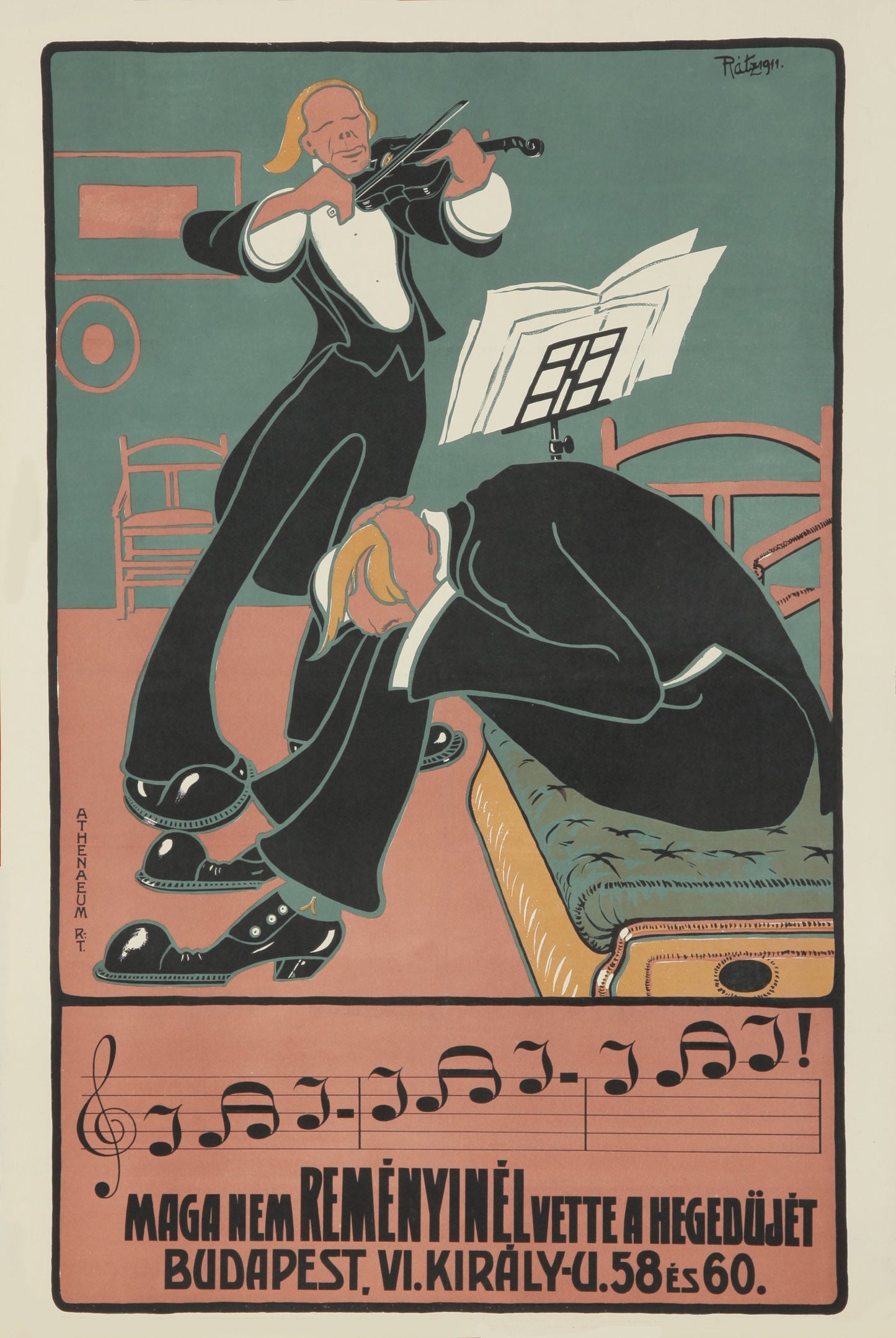 Vintage violin shop advertisement Hungary1910. Peter Ratz