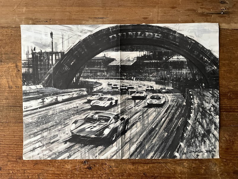 Le mans 24 hour motor race art by Dexter Brown c1970s