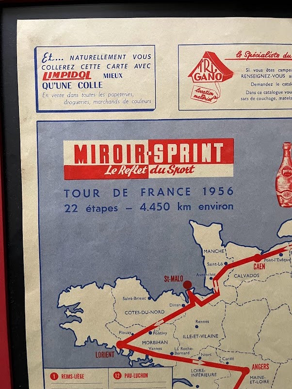 Tour de france / Perrier vintage route map 1956