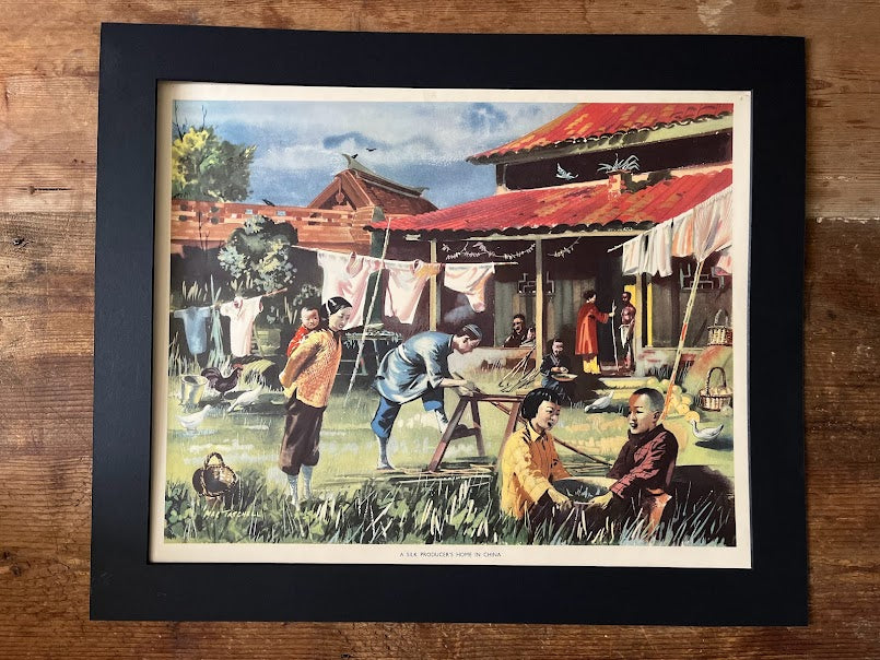 Vintage 1950s school poster - 'A Silk Producers home, China by Mac Tatchell'