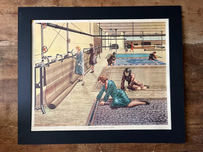 Vintage School Poster - 'Sewing carpets in a British factory', c1950s