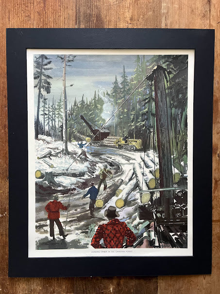 Vintage 1950s school poster - 'Loading logs in a Canadian forest'