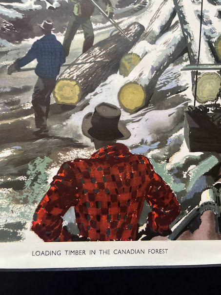 Vintage 1950s school poster - 'Loading logs in a Canadian forest'