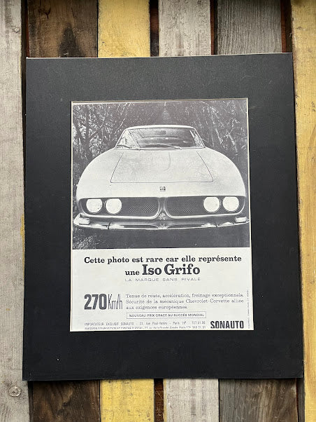 Vintage Iso Grifo 1960s car advertising print. Rare artwork