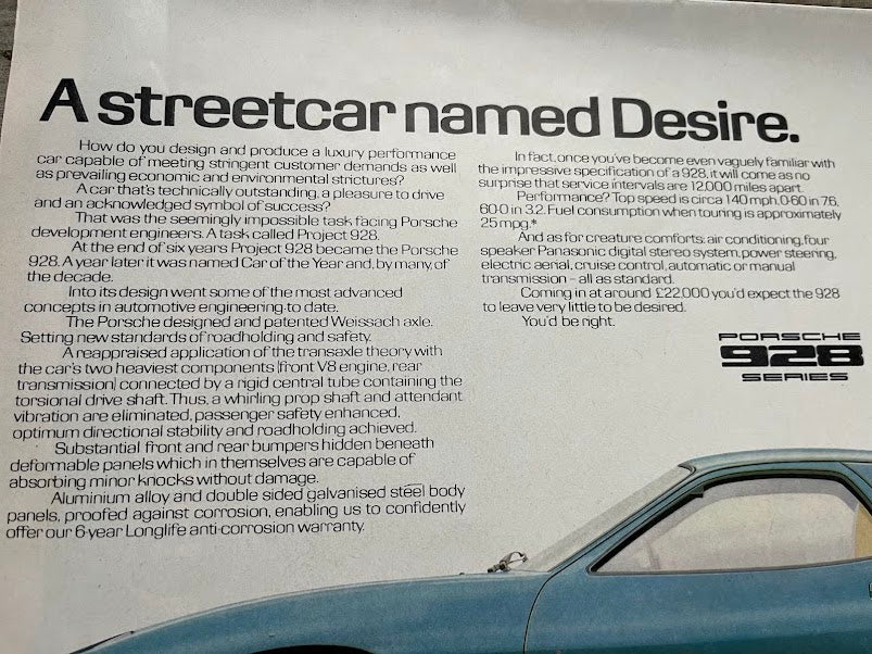 Vintage Porsche 928 advertising print 1978