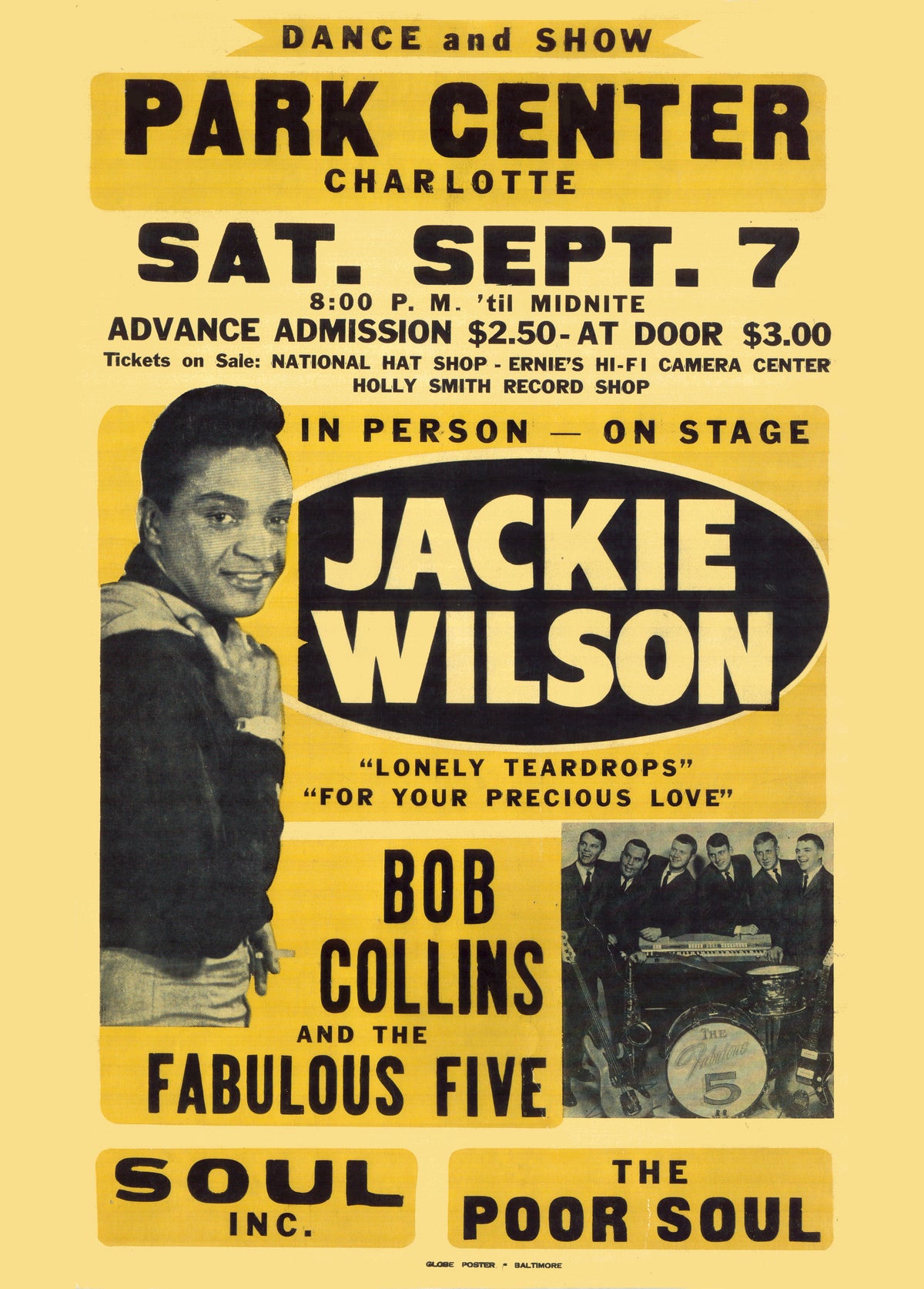 Black lettering and photographs on a yellow ground advertise Jackie Wilson with Bob Collins and the Fabulous Five at Charlott