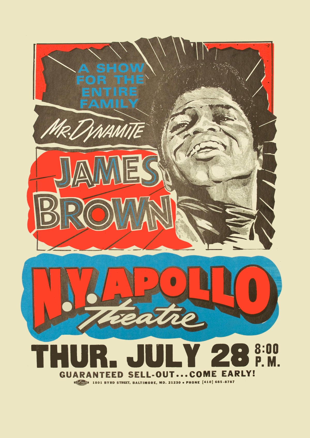 A large portrait of James Brown sits beside red and black lettering above a bright blue and red New York Apollo Theatre banne