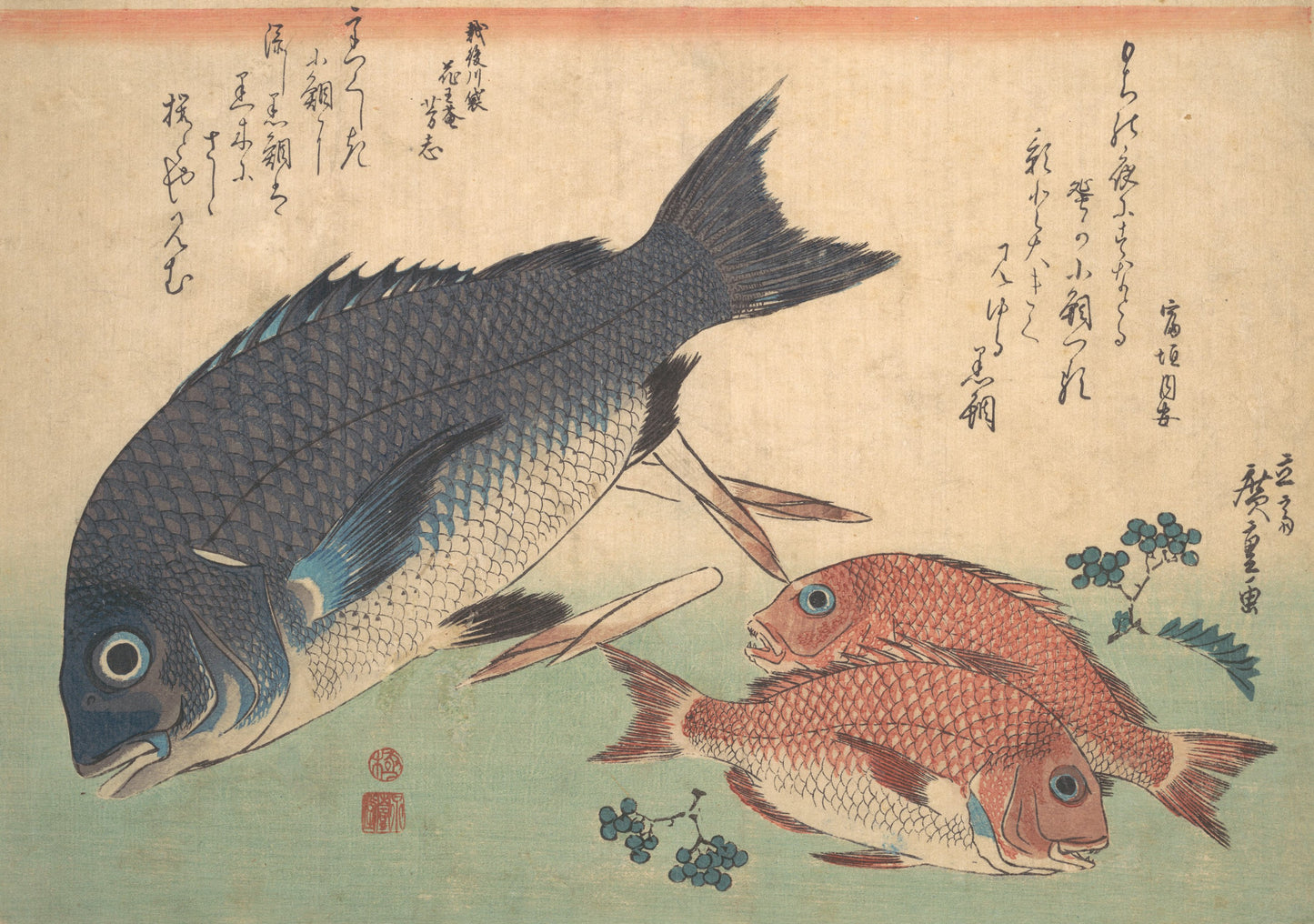 Kurodai and Kodai Fish with Bamboo Shoots and Berries vintage print, Utagawa Hiroshige