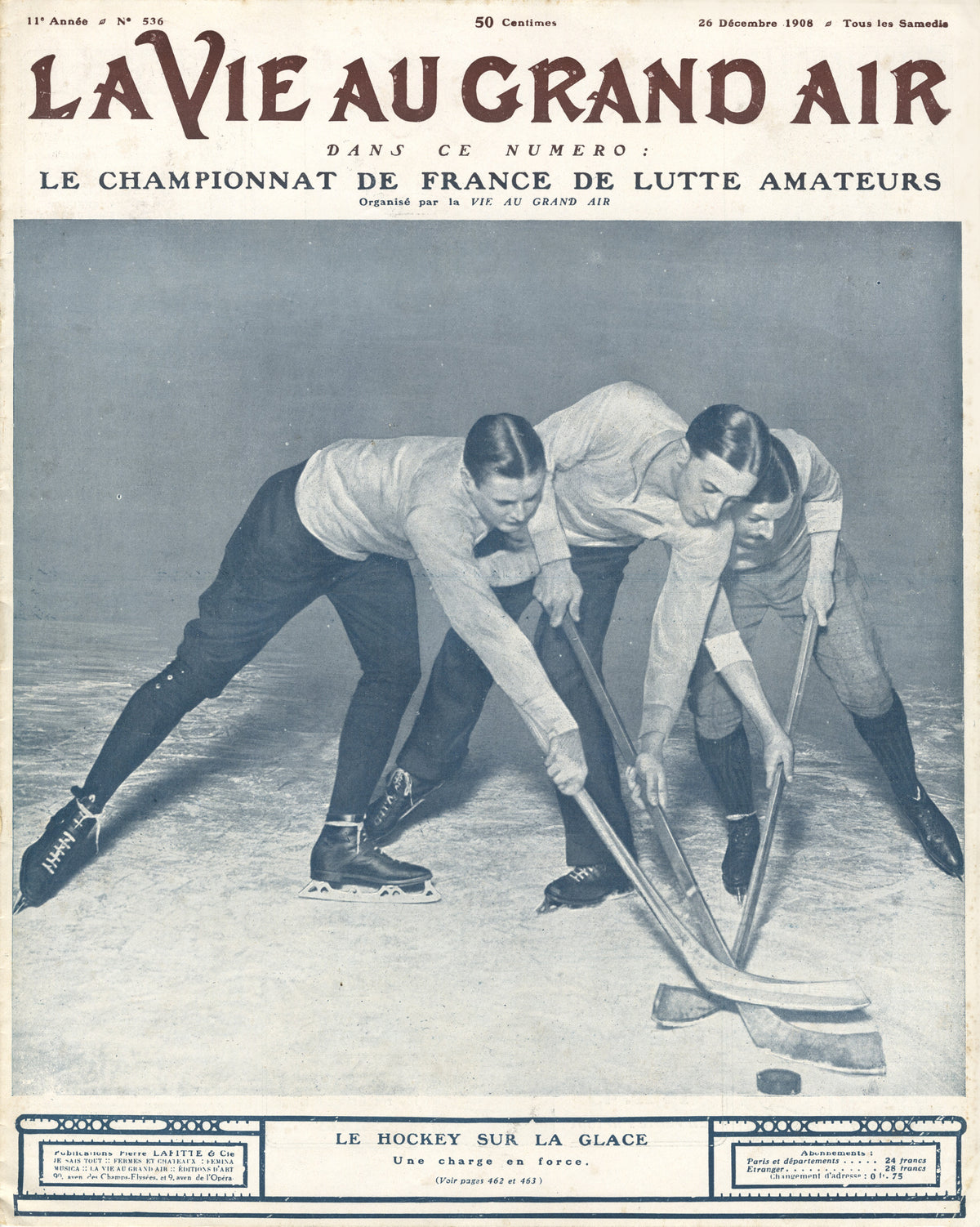 Two skaters contest a puck in a monochrome photograph beneath decorative French sporting magazine lettering dated December 1908.
