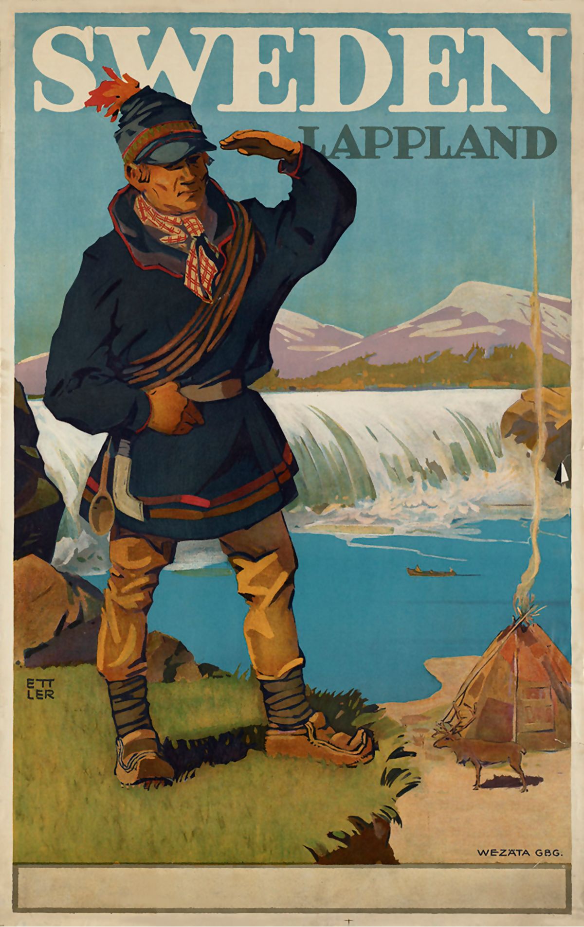Sweden Lappland | Waterfall and Mountains Travel Poster